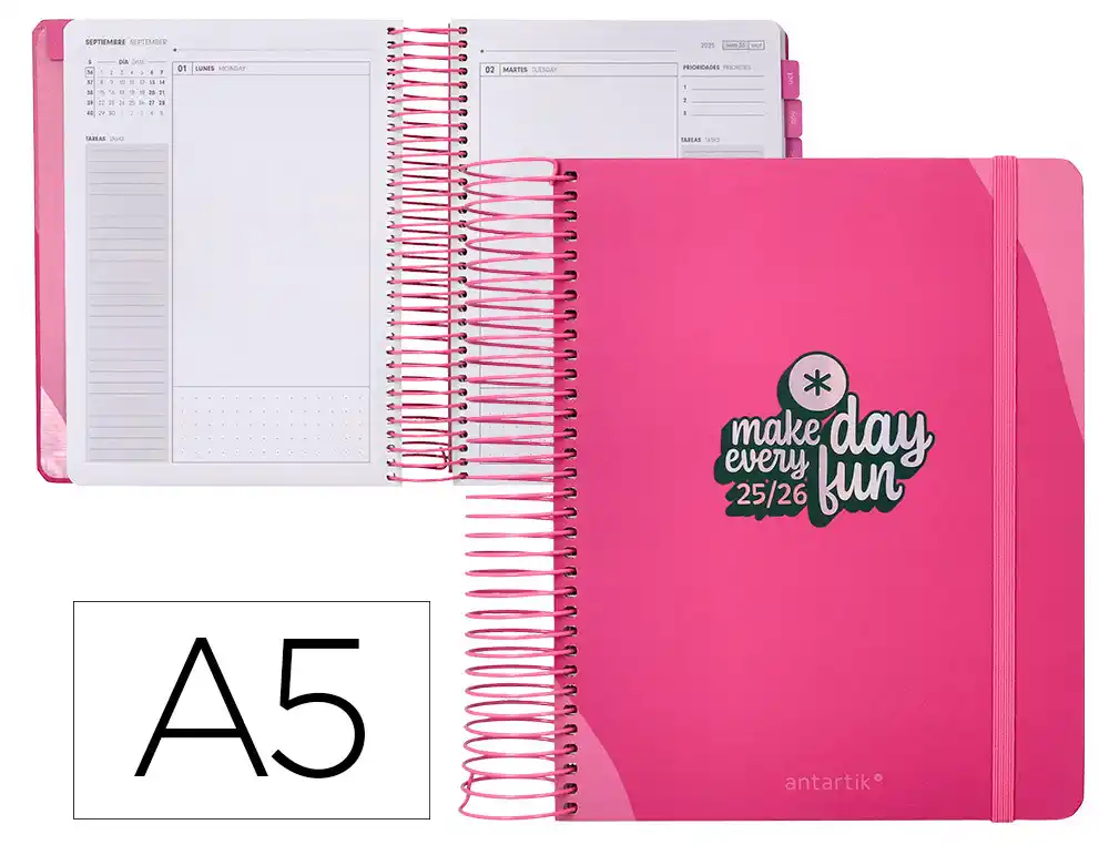 Agenda escolar ANTARTIK 25-26 espiral fun day fucsia dia pagina A5 bilingüe papel fsc 80 gr