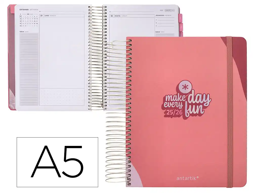 Agenda escolar ANTARTIK 25-26 espiral fun day rosa dia pagina A5 bilingüe papel fsc 80 gr