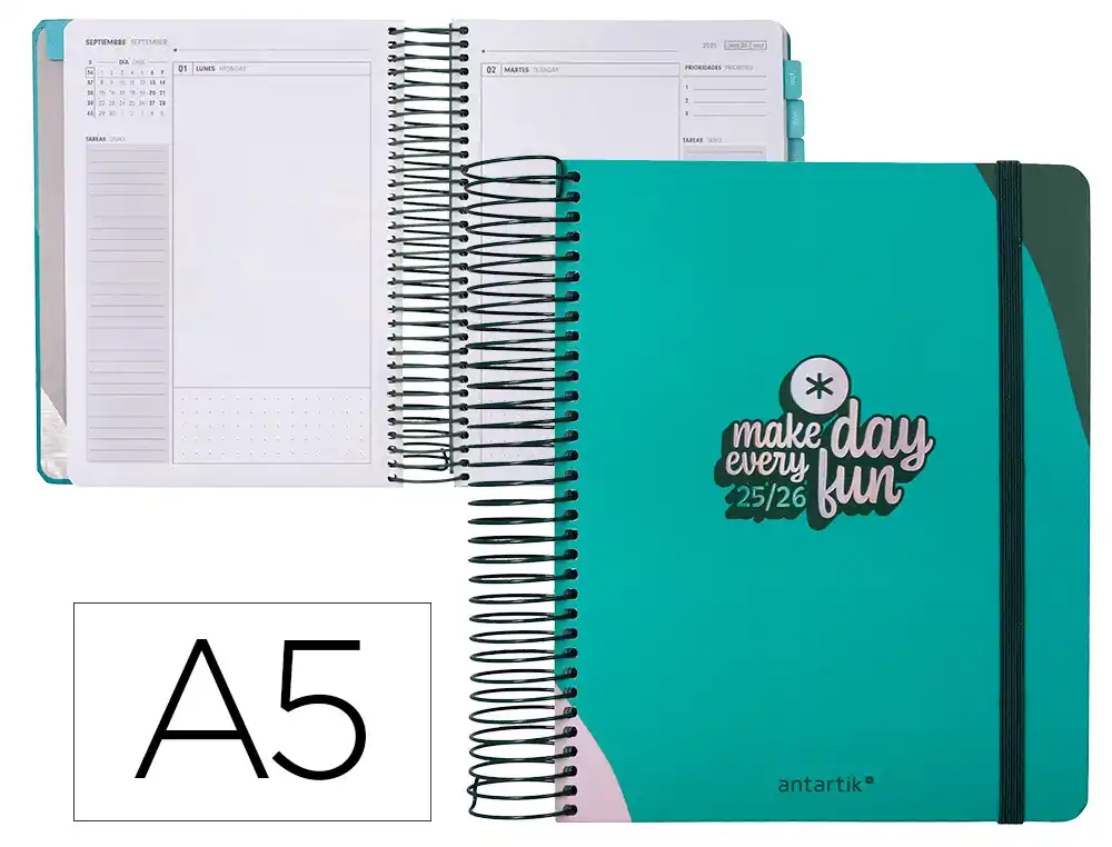 Agenda escolar ANTARTIK 25-26 espiral fun day turquesa dia pagina A5 bilingüe papel fsc 80 gr