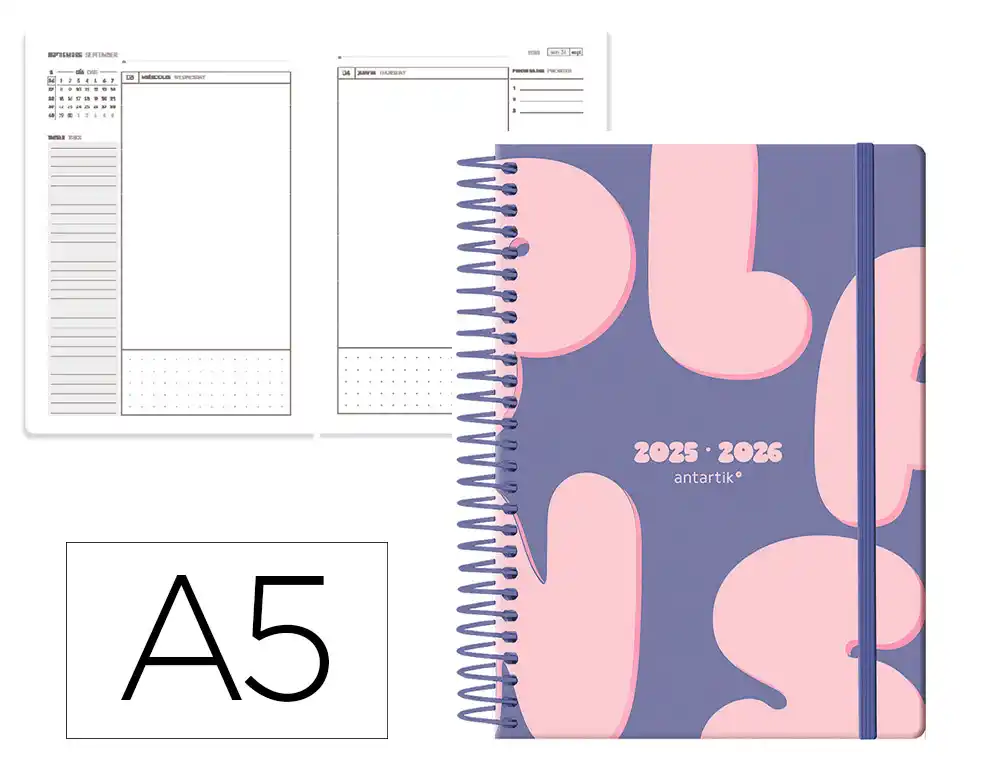 Agenda escolar ANTARTIK 25-26 espiral plans morado dia pagina A5 bilingüe papel fsc 80 gr