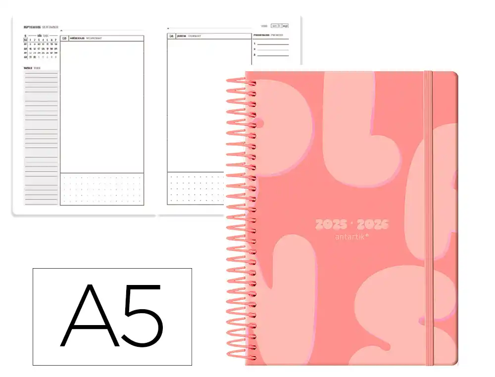 Agenda escolar ANTARTIK 25-26 espiral plans naranja dia pagina A5 bilingüe papel fsc 80 gr