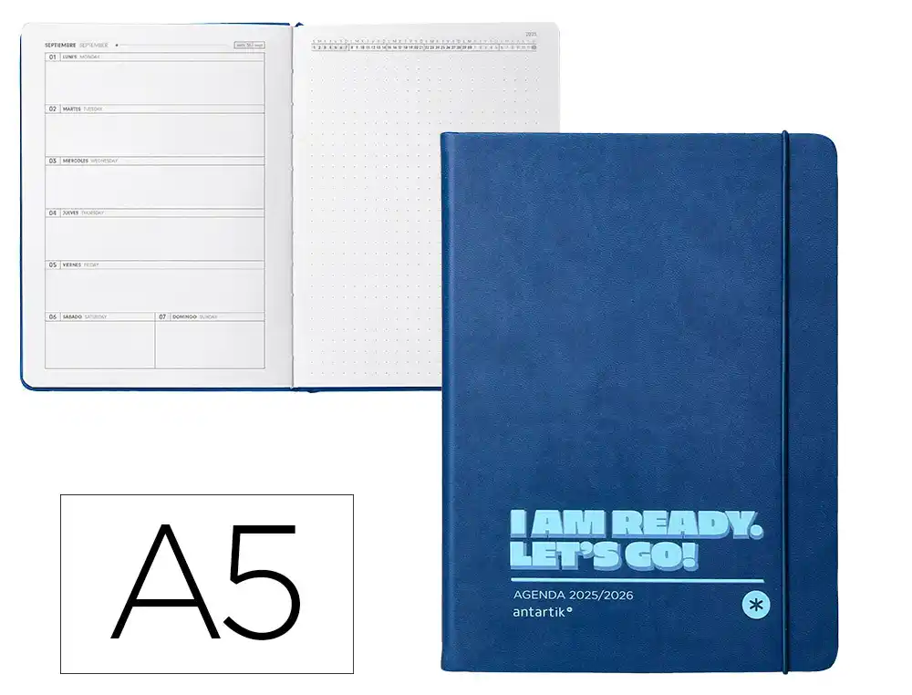 Agenda escolar ANTARTIK 25-26 encuadernada go! simil piel azul oscuro semana vista A5 bilingüe papel fsc 80 gr