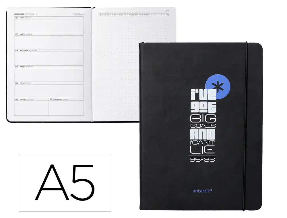Agenda escolar ANTARTIK 25-26 encuadernada go! simil piel negro semana vista A5 bilingüepapel fsc 80 gr