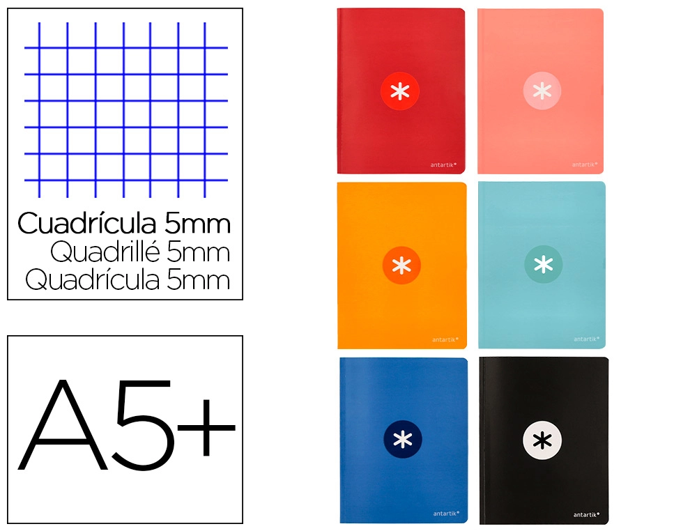 Libreta antartik A5+ plus cosida 48 hojas 90G/M2 cuadro 5MM con margen 6 colores surtidos