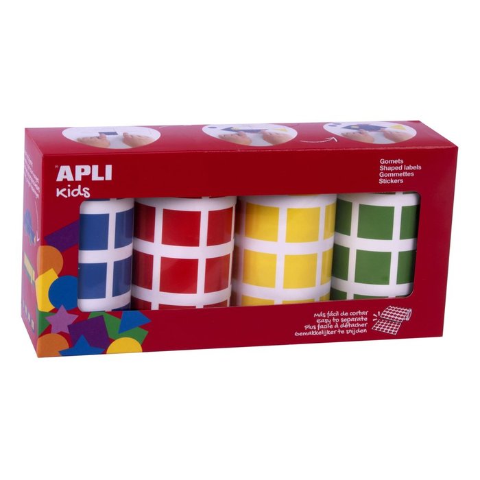 Pack rollos gomets cuadrados 20 mm azul,rojo,amarillo,verde