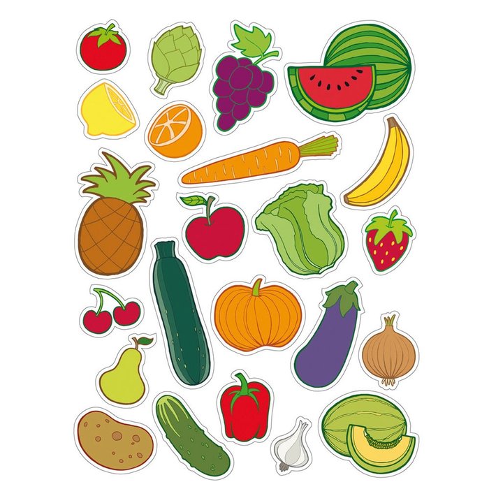 Gomets tematicos frutas y verduras 12 hojas