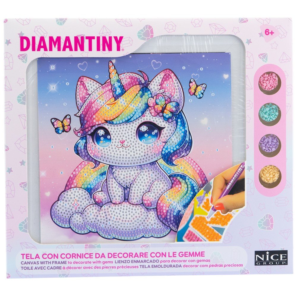 Juego crea con diamantes gato-unicornio mariposas