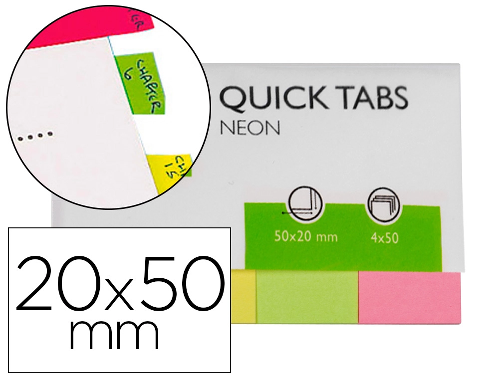 Banderitas separadoras Q-CONNECT 20X50 mm fluorescente pack de 4 con 50 hojas