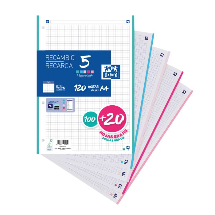 Recambio bloc OXFORD 4 taladros 5 colores pastel A4 90G 100+20H 5X5