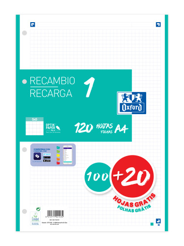 Recambio color 1 A4 100+20 hojas 5X5 ice mint 90GRS OXFORD 400158057