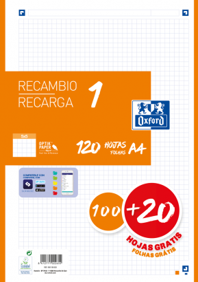 Recambio color 1 A4 100+20 hojas 5X5 naranja 90GRS OXFORD 400158163