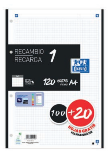 Recambio color 1 A4 100+20 hojas 5X5 negro 90GRS OXFORD 400158165