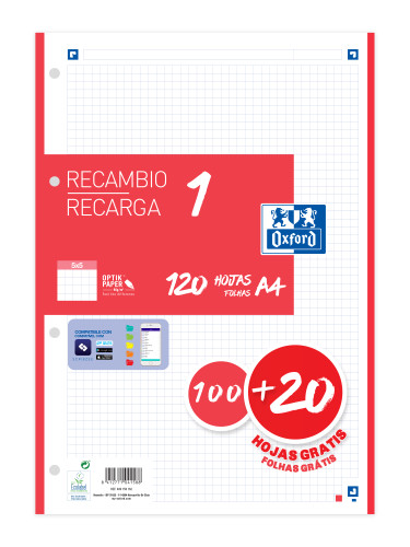 Recambio color 1 A4 100+20 hojas 5X5 rojo 90GRS OXFORD 400158162