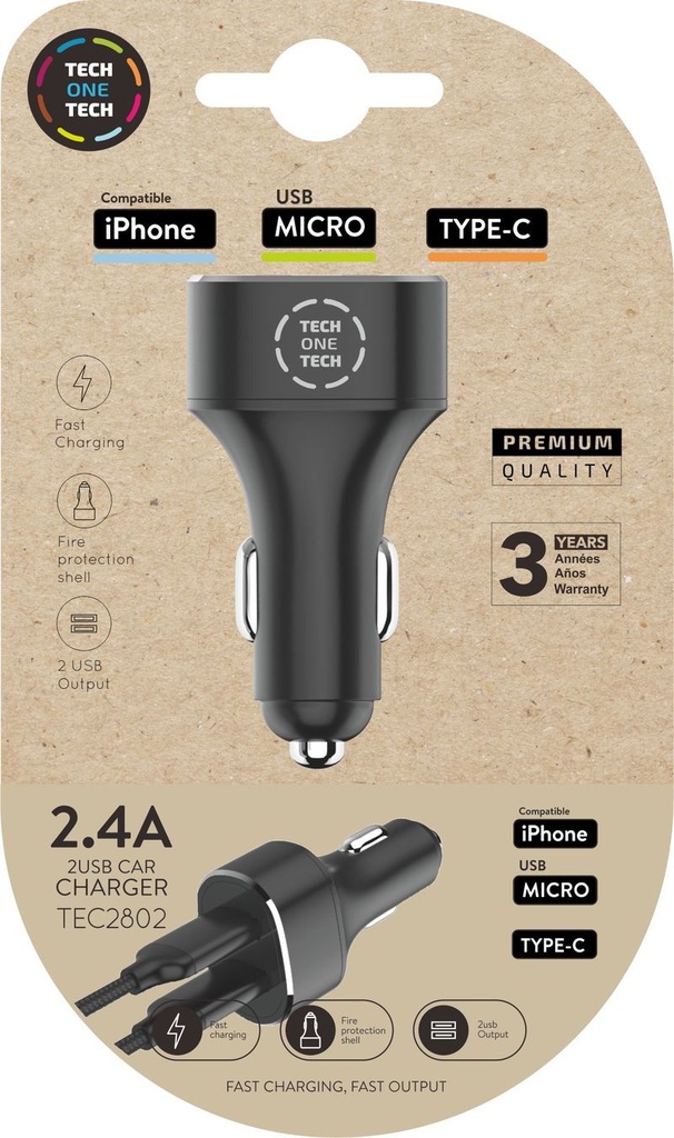 Cargador doble mechero coche negro 2, 4A - 12W