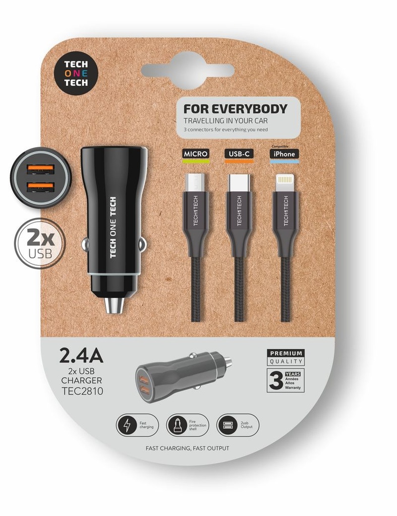 Cargador mechero negro  2XUSB + cable triple nylon