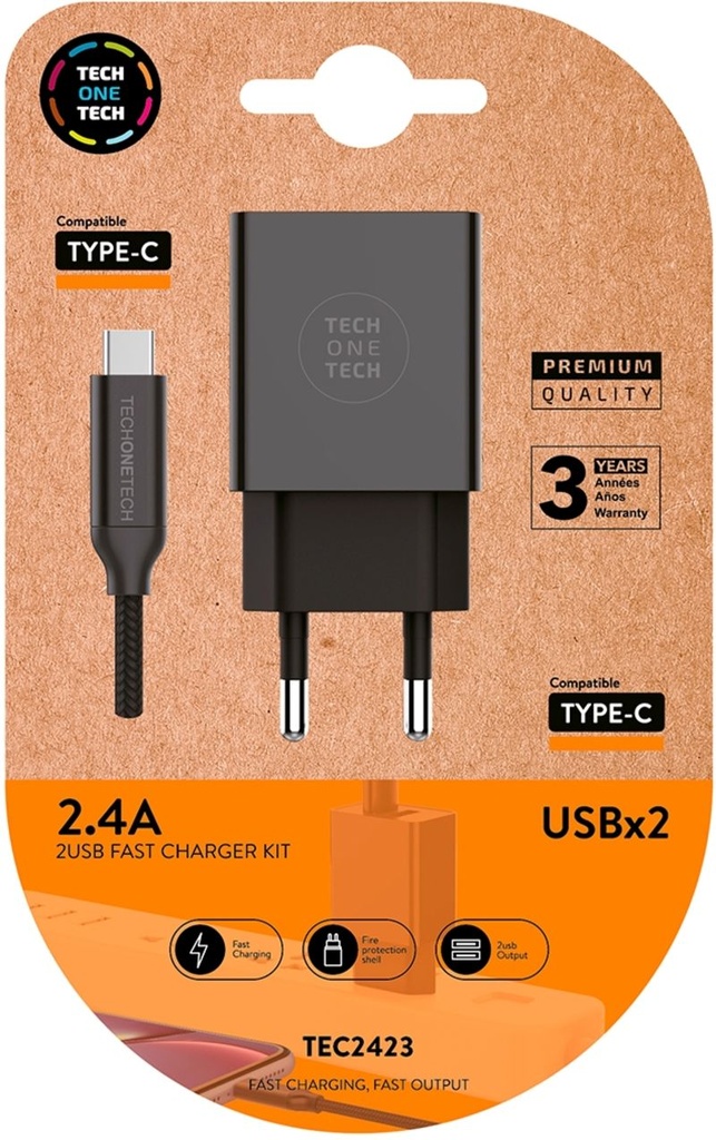 Cargador doble negro+cable nylon usb-c 2, 4A