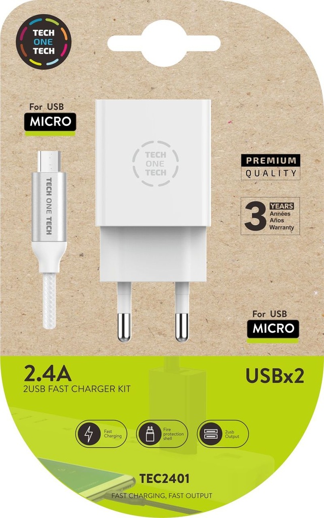Cargador doble blanco+cable nylon micro usb  2, 4A