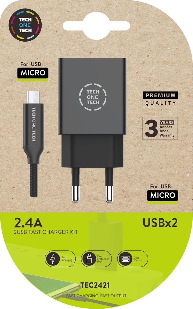 Cargador doble negro+cable nylon micro usb 2, 4A