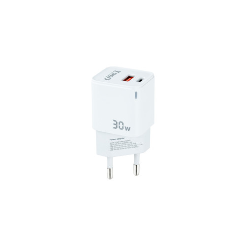 TOOQ cargador de pared gan usb-c/pd + usb-a/qc 30W, blanco