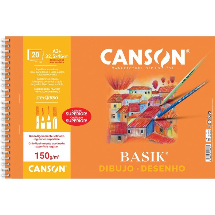 Bloc dibujo papel basik A3+ 32,5X46 150GR 20H con recuadro