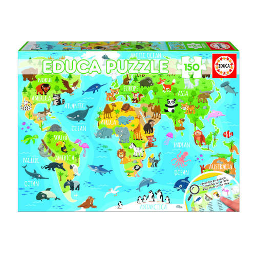 Puzzle 150 mapamundi animales de 6-8 años educa borras 18115