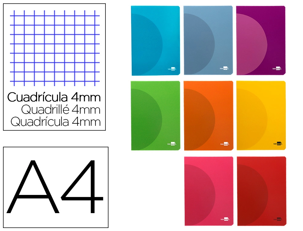 Libreta liderpapel 360 tapa de plastico A4 48 hojas 90G/M2 cuadro 4MM con margen colores surtidos