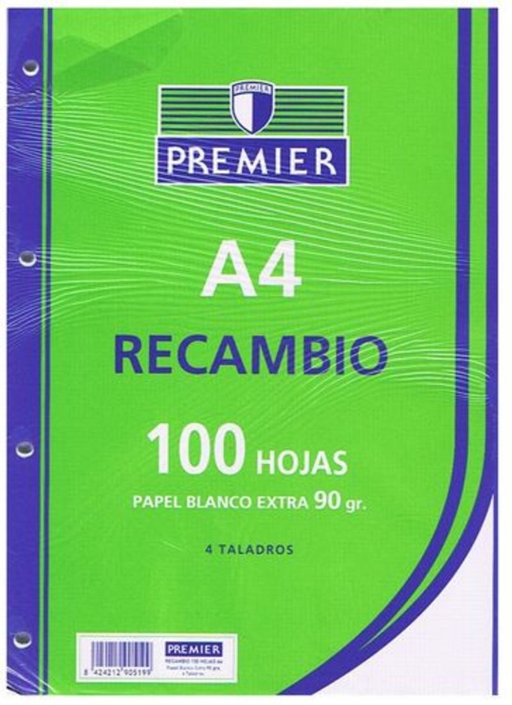 Recambio premier 100H A4 90GR milimetrado 4 taladros