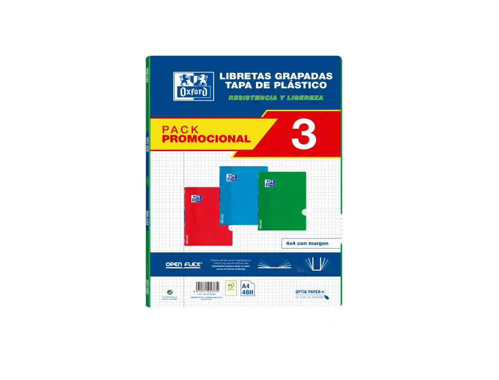 Libreta escolar oxford openflex din A4 48 hojas cuadro 4 mm pack de 3 unidades colores surtidos