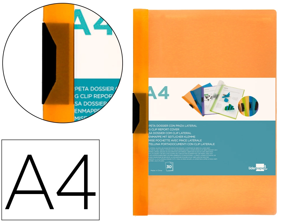 Carpeta liderpapel dossier pinza lateral 45301 polipropileno din A4 naranja 30 hojas pinza deslizante