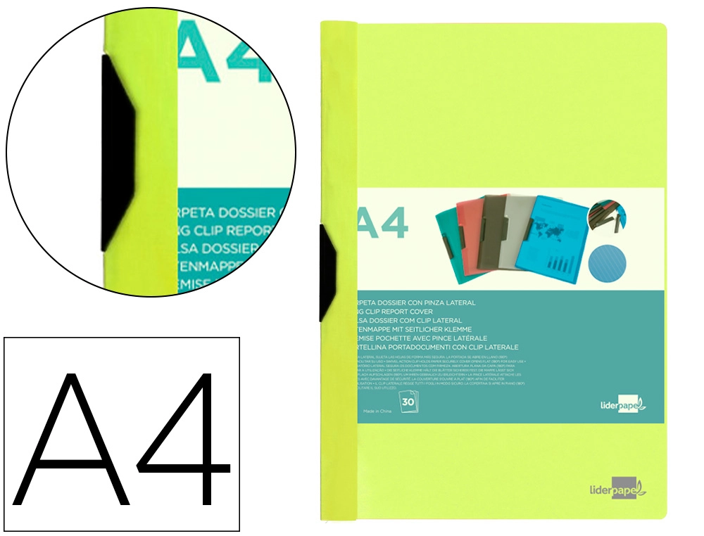 Carpeta liderpapel dossier pinza lateral polipropileno din A4 amarillo fluor opaco 30 hojas pinza deslizante
