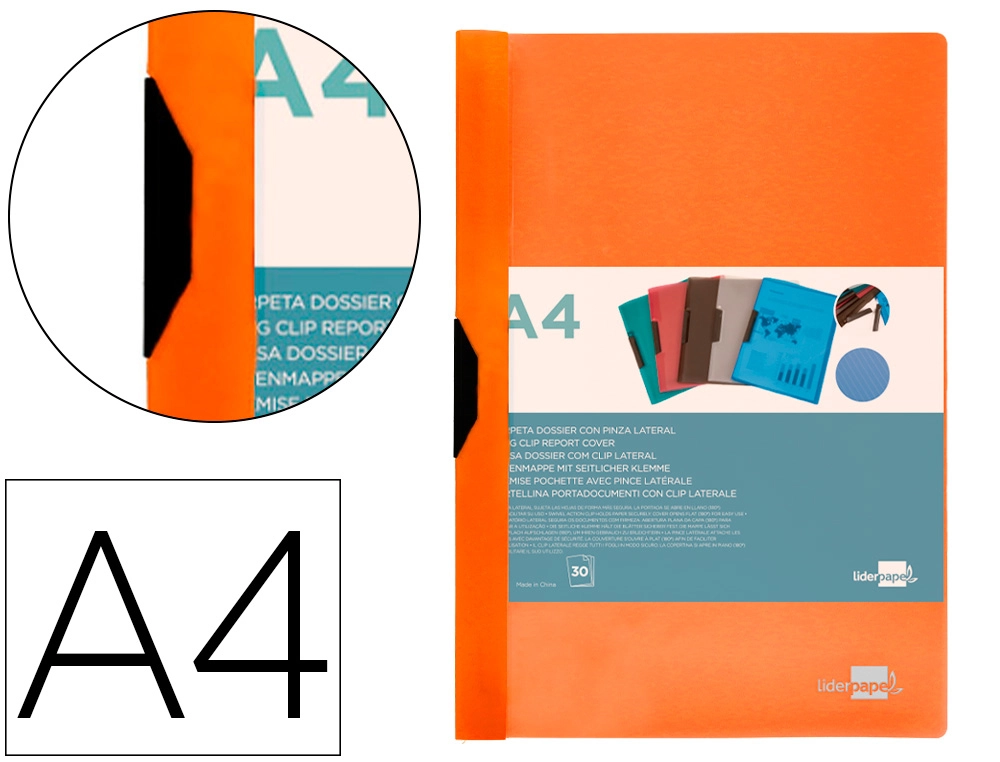 Carpeta liderpapel dossier pinza lateral polipropileno din A4 naranja fluor opaco 30 hojas pinza deslizante