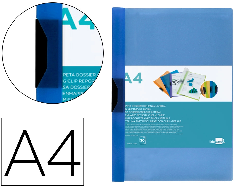 Carpeta liderpapel dossier pinza lateral 45302 polipropileno din A4 azul 30 hojas pinza deslizante
