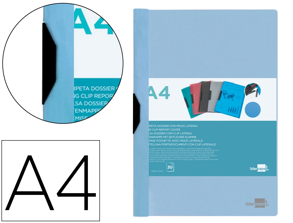 Carpeta liderpapel dossier pinza lateral polipropileno din A4 celeste opaco 30 hojas pinza deslizante
