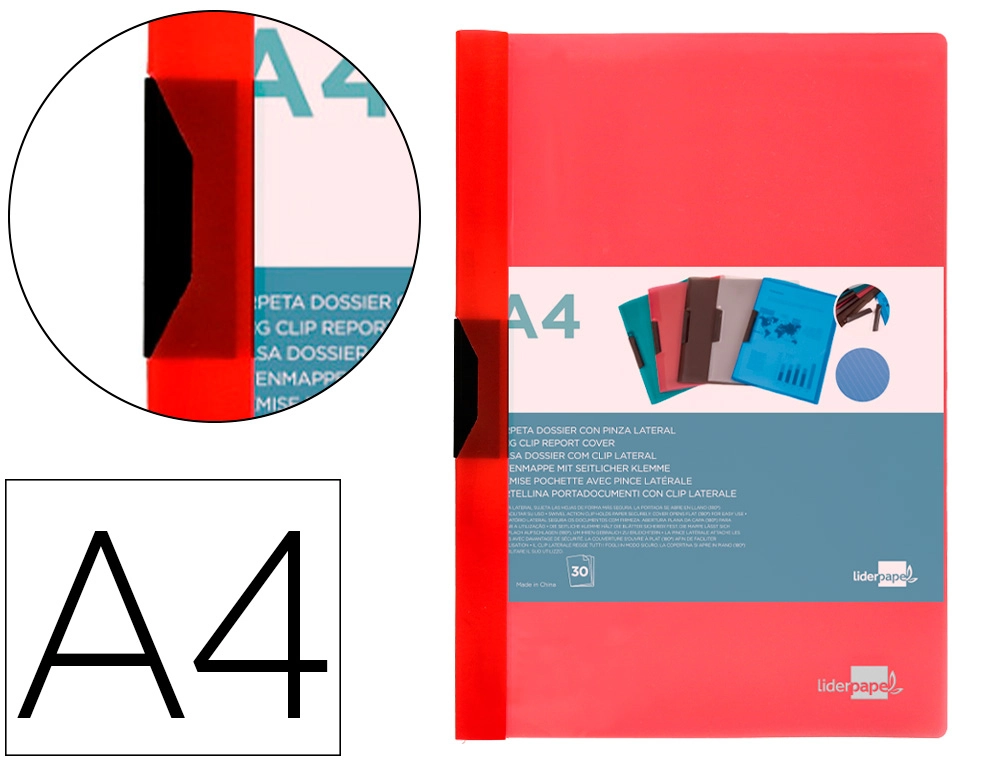 Carpeta liderpapel dossier pinza lateral polipropileno din A4 rojo translucido 30 hojas pinza deslizante