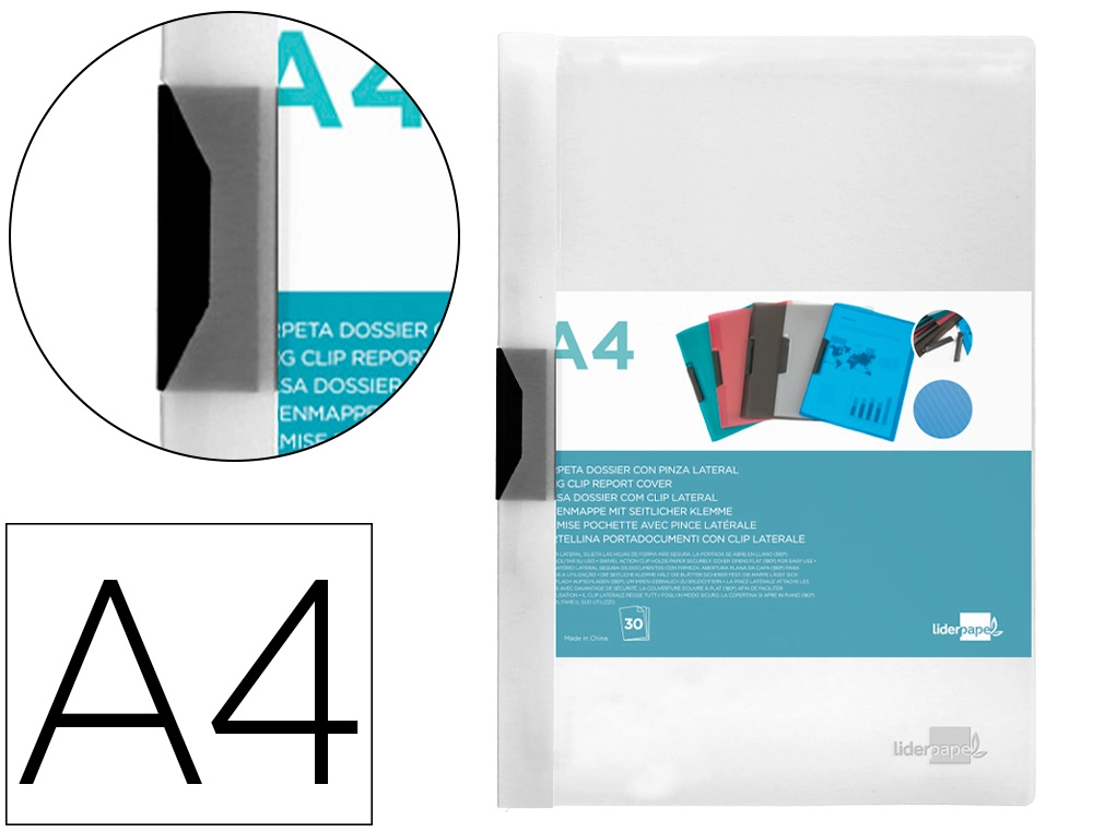 Carpeta liderpapel dossier pinza lateral polipropileno din A4 transparente 30 hojas pinza deslizante
