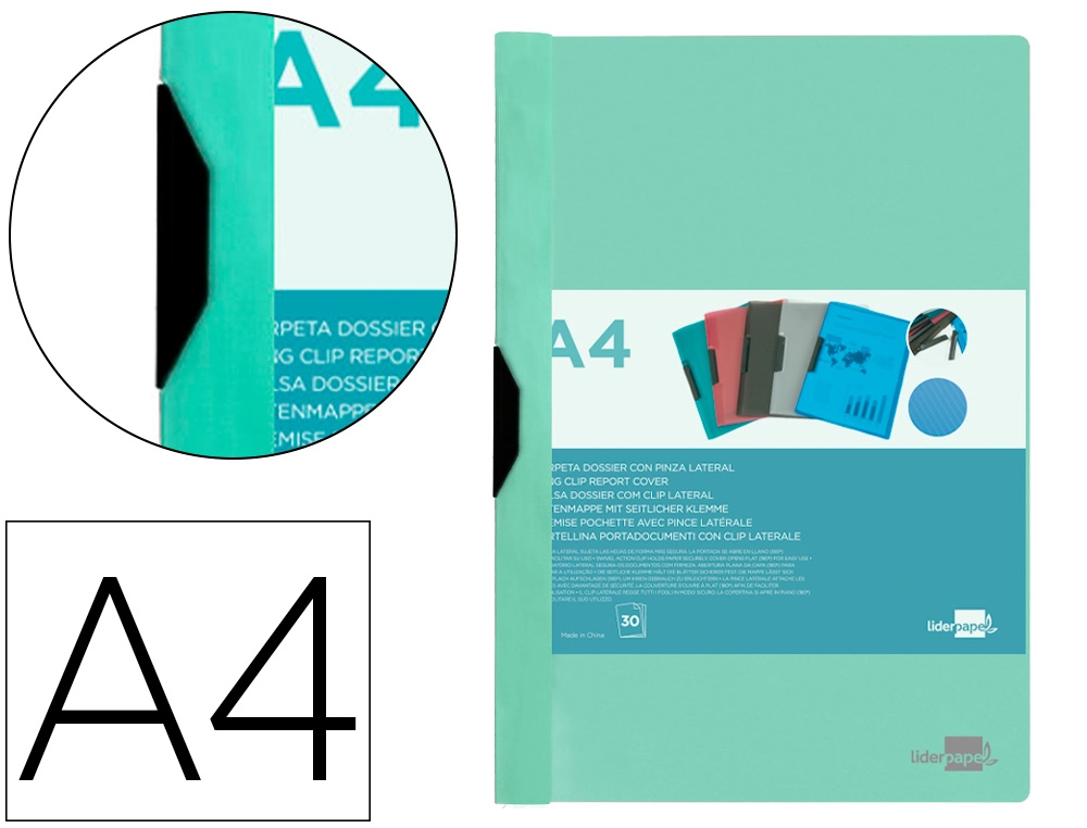 Carpeta liderpapel dossier pinza lateral polipropileno din A4 verde manzana opaco 30 hojas pinza deslizante