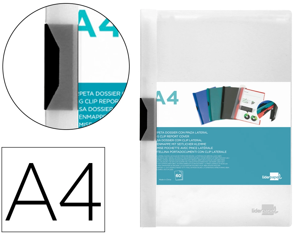 Carpeta liderpapel dossier pinza lateral polipropileno din A4 transparente 60 hojas pinza deslizante
