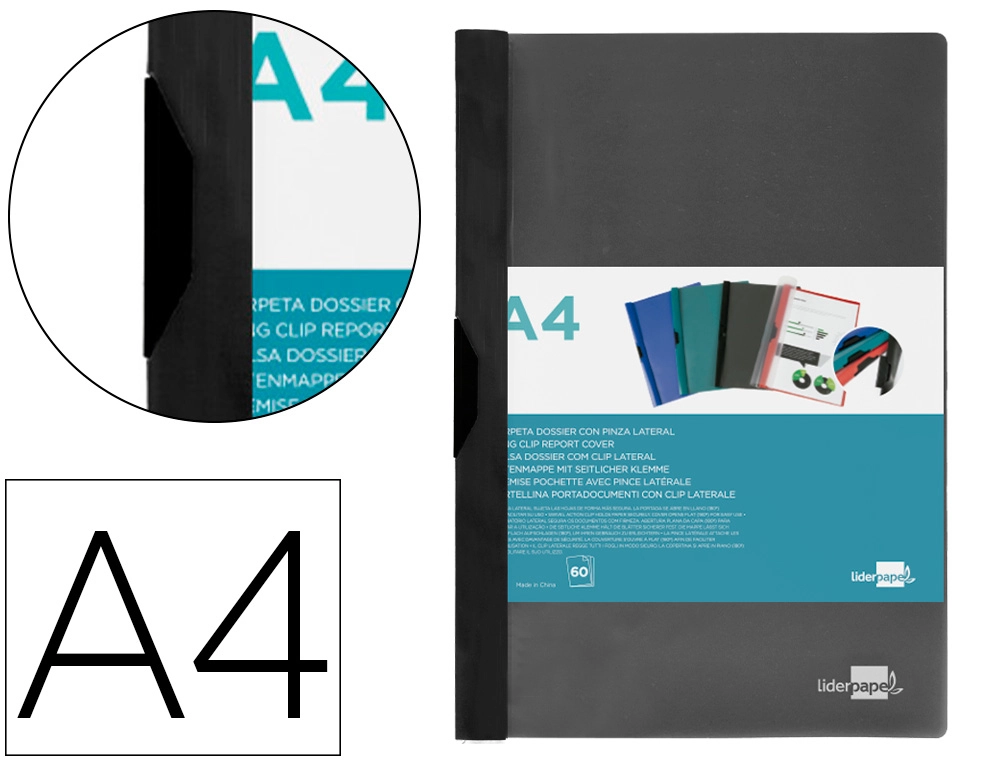Carpeta liderpapel dossier pinza lateral 45325 polipropileno din A4 negro 60 hojas pinza deslizante