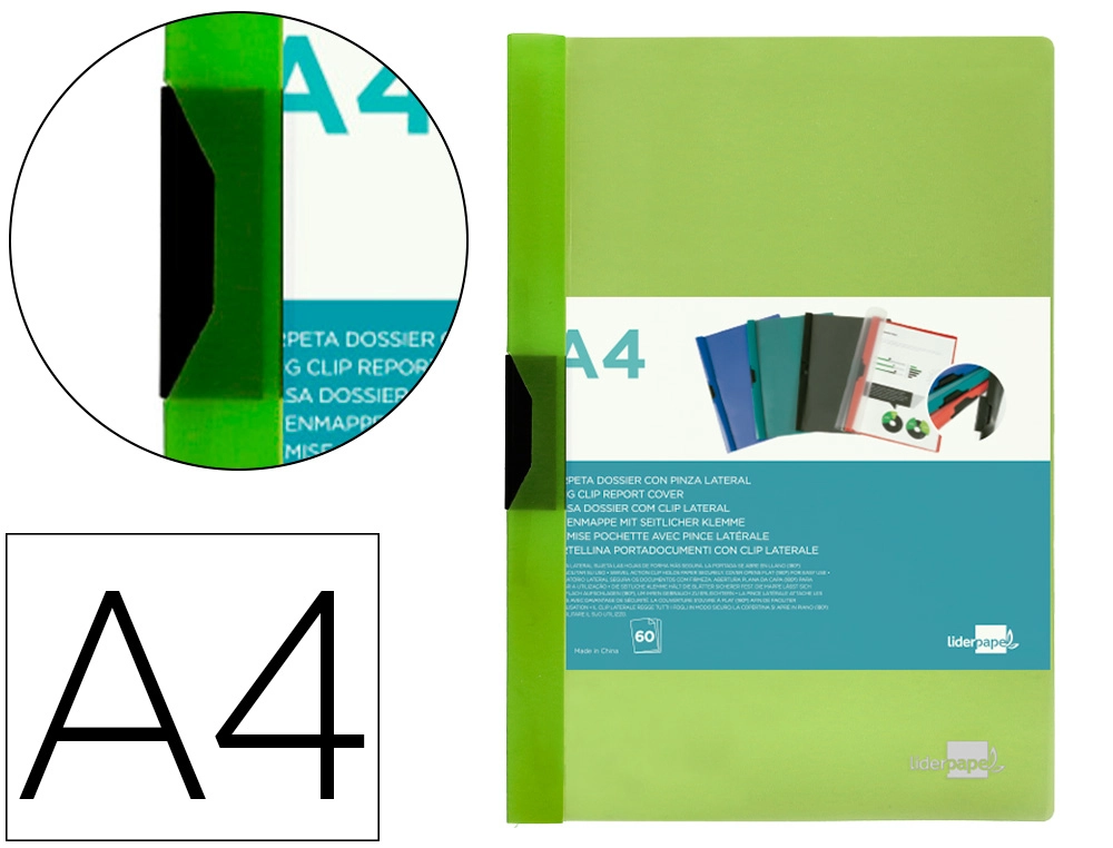 Carpeta liderpapel dossier pinza lateral polipropileno din A4 verde translucido 60 hojas pinza deslizante