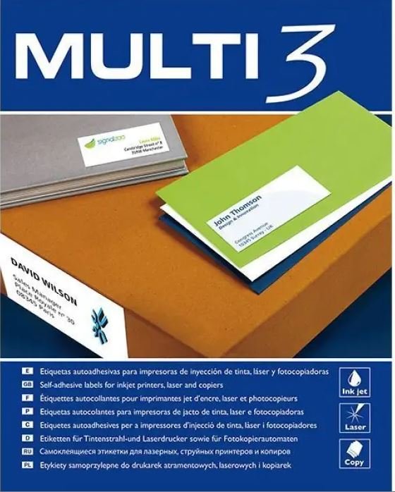 Etiquetas blancas para impresora 52,5X29,7 MULTI3 500 hojas