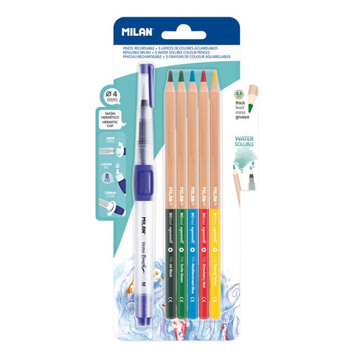 PINCEL DE AGUA CON 5 LAPICES ACUARELABLES BLISTER