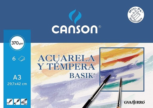 PAPEL ACUARELA BASIK CANSON DIN A3 370 GR PACK DE 6 HOJAS