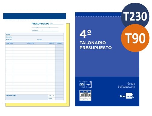 TALONARIO LIDERPAPEL PRESUPUESTO CUARTO ORIGINAL Y COPIA T230