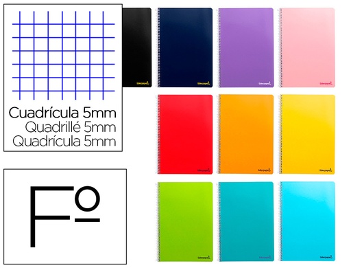 CUADERNO ESPIRAL LIDERPAPEL FOLIO INSPIRE TAPA DURA 80H 60 GR CUADRO 6MM CON MARGEN COLORES SURTIDOS