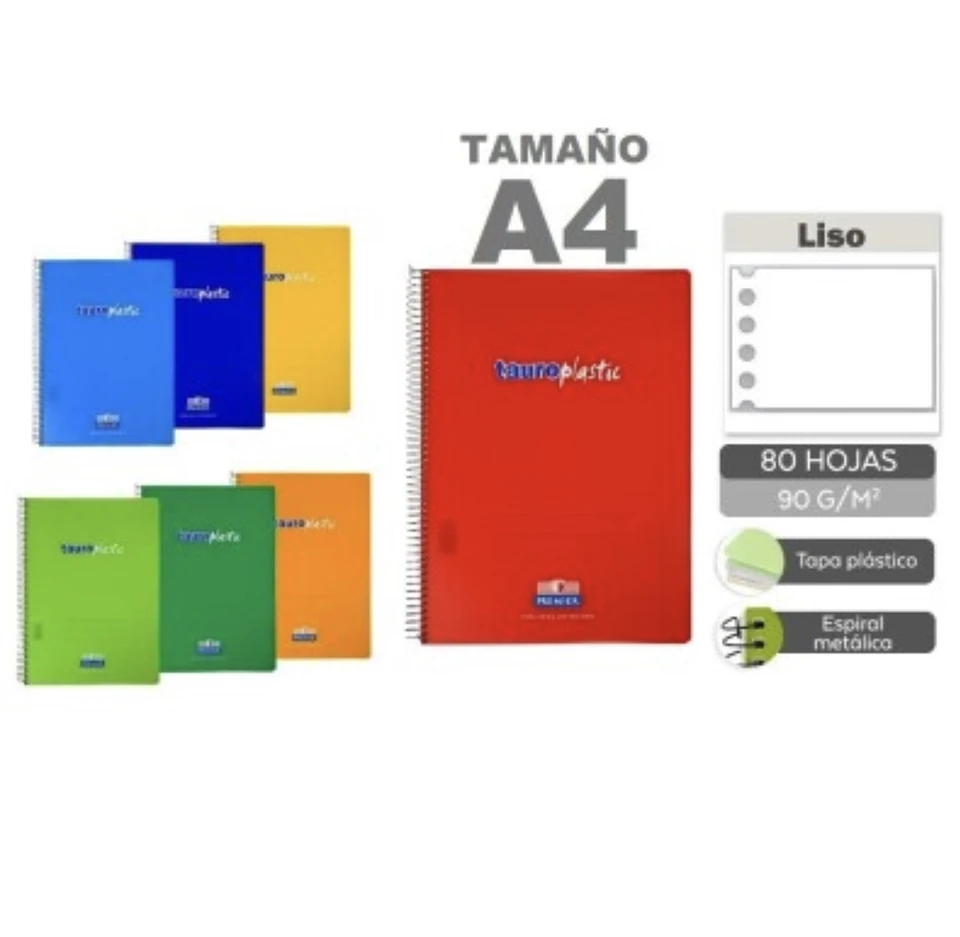 BLOC ESPIRAL TAURO PREMIER CUARTO TAPA PLASTICO 1 LINEA 5 COLORES 80 HOJAS 90 G/M2