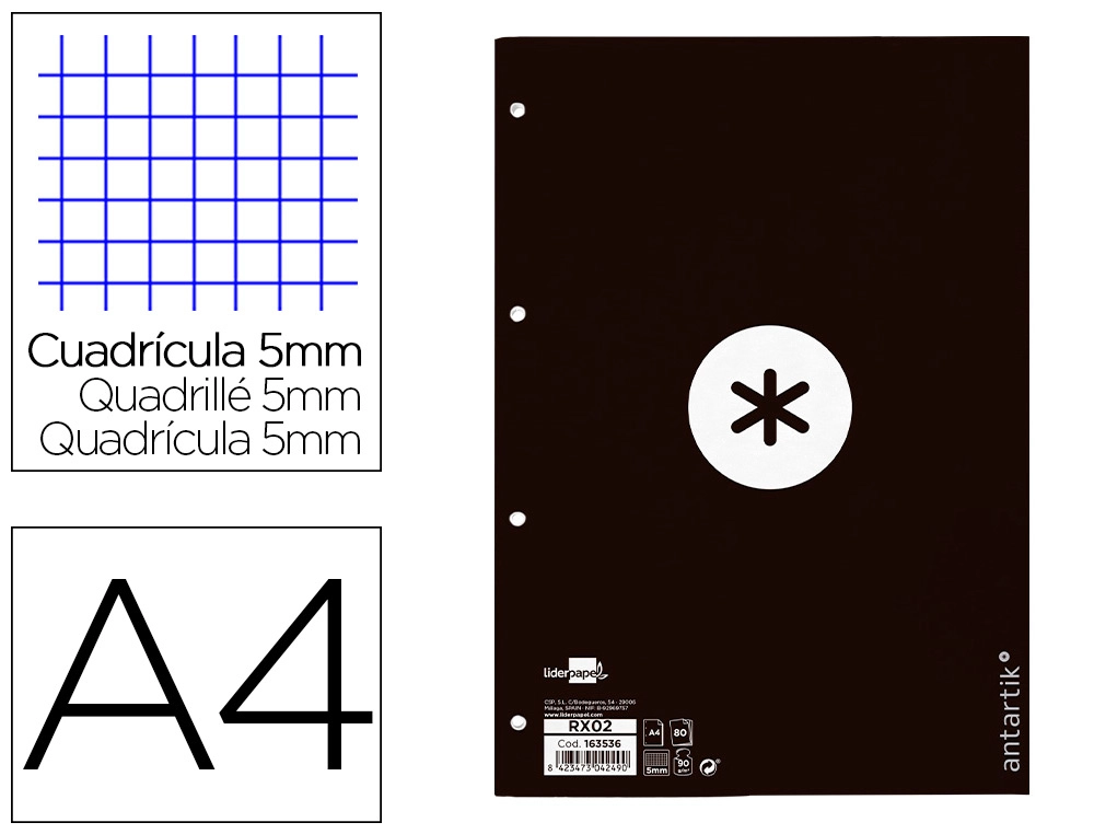 [RX02] Recambio A4 ANTARTIK 80 hojas 90G/M2 cuadro 5 mm 4 taladros 1 banda marco color negro