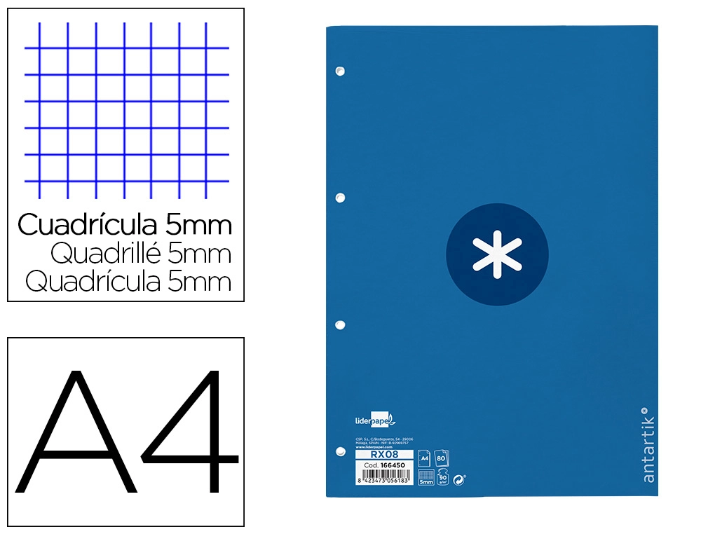 [RX08] Recambio A4 ANTARTIK 80 hojas 90G/M2 cuadro 5MM 4 taladros 1 banda con marco color azul oscuro