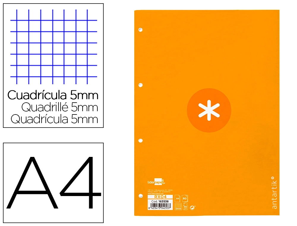 [RX04] Recambio A4 ANTARTIK 80 hojas 90G/M2 cuadro 5 mm 4 taladros 1 banda marco color mostaza