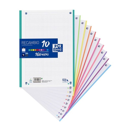 Recambio bloc OXFORD 4 taladros 10 colores A4 90G 160H 5X5