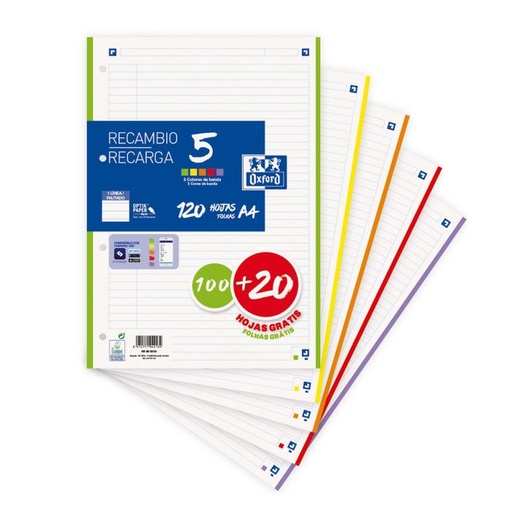 Recambio bloc OXFORD 4 taladros 5 colores vivos A4 90G 120H horizontal